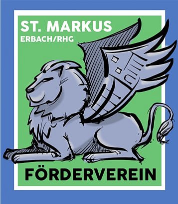Verein der Freunde und Förderer der katholischen Gemeinde St. Markus in Eltville-Erbach im Rheingau e.V. Logo des Fördervereins ist ein liegender Markuslöwe mit hochgestellten Flügeln, die die Form des Pfarrzentrums haben