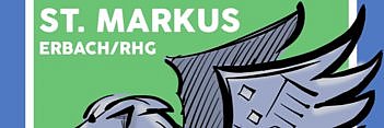 Logo des Fördervereins ist ein liegender Markuslöwe mit hochgestellten Flügeln, die die Form des Pfarrzentrums haben