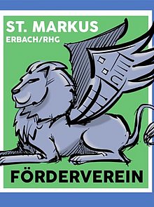 Logo des Fördervereins ist ein liegender Markuslöwe mit hochgestellten Flügeln, die die Form des Pfarrzentrums haben